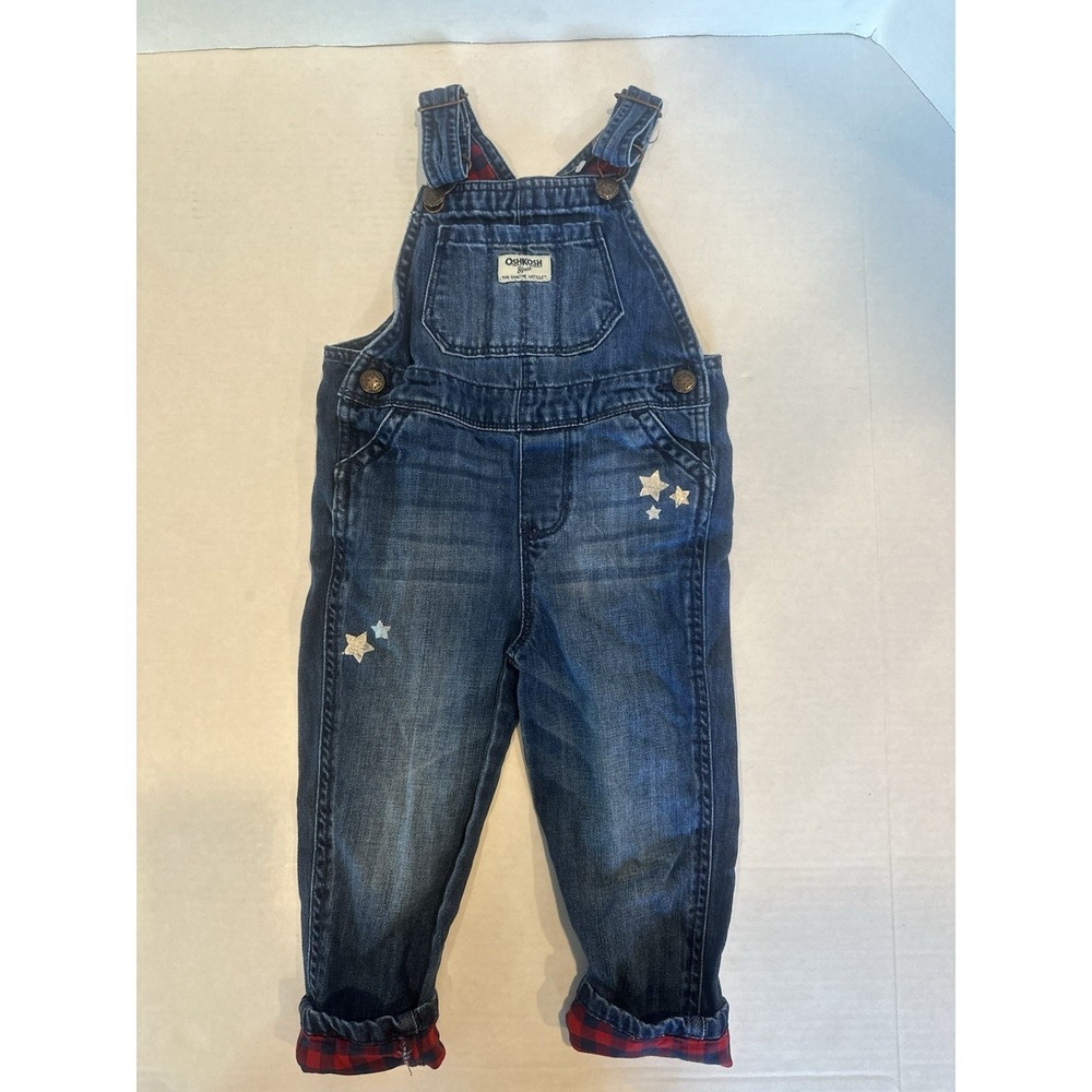 OshKosh B'gosh Bib Overalls Lined Denim Star Print Buffalo Plaid Cuffs Size 3T